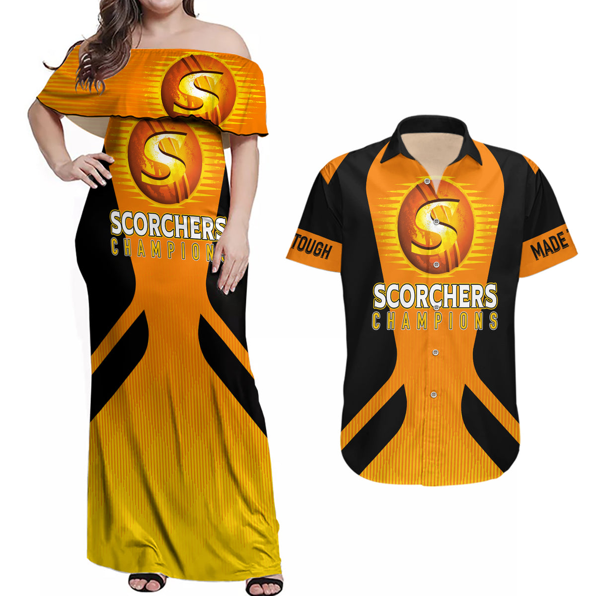 custom-scorchers-cricket-champions-2023-couples-matching-off-shoulder-maxi-dress-and-hawaiian-shirt-made-tough