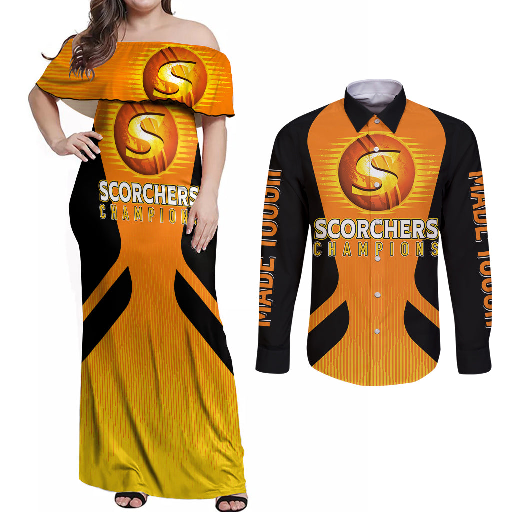 custom-scorchers-cricket-champions-2023-couples-matching-off-shoulder-maxi-dress-and-long-sleeve-button-shirt-made-tough