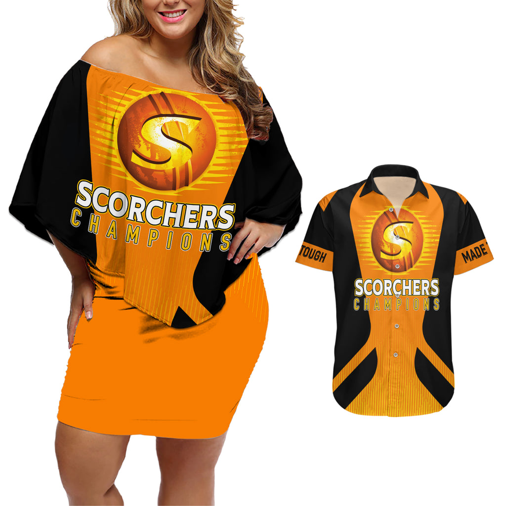 custom-scorchers-cricket-champions-2023-couples-matching-off-shoulder-short-dress-and-hawaiian-shirt-made-tough