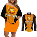 custom-scorchers-cricket-champions-2023-couples-matching-off-shoulder-short-dress-and-long-sleeve-button-shirt-made-tough