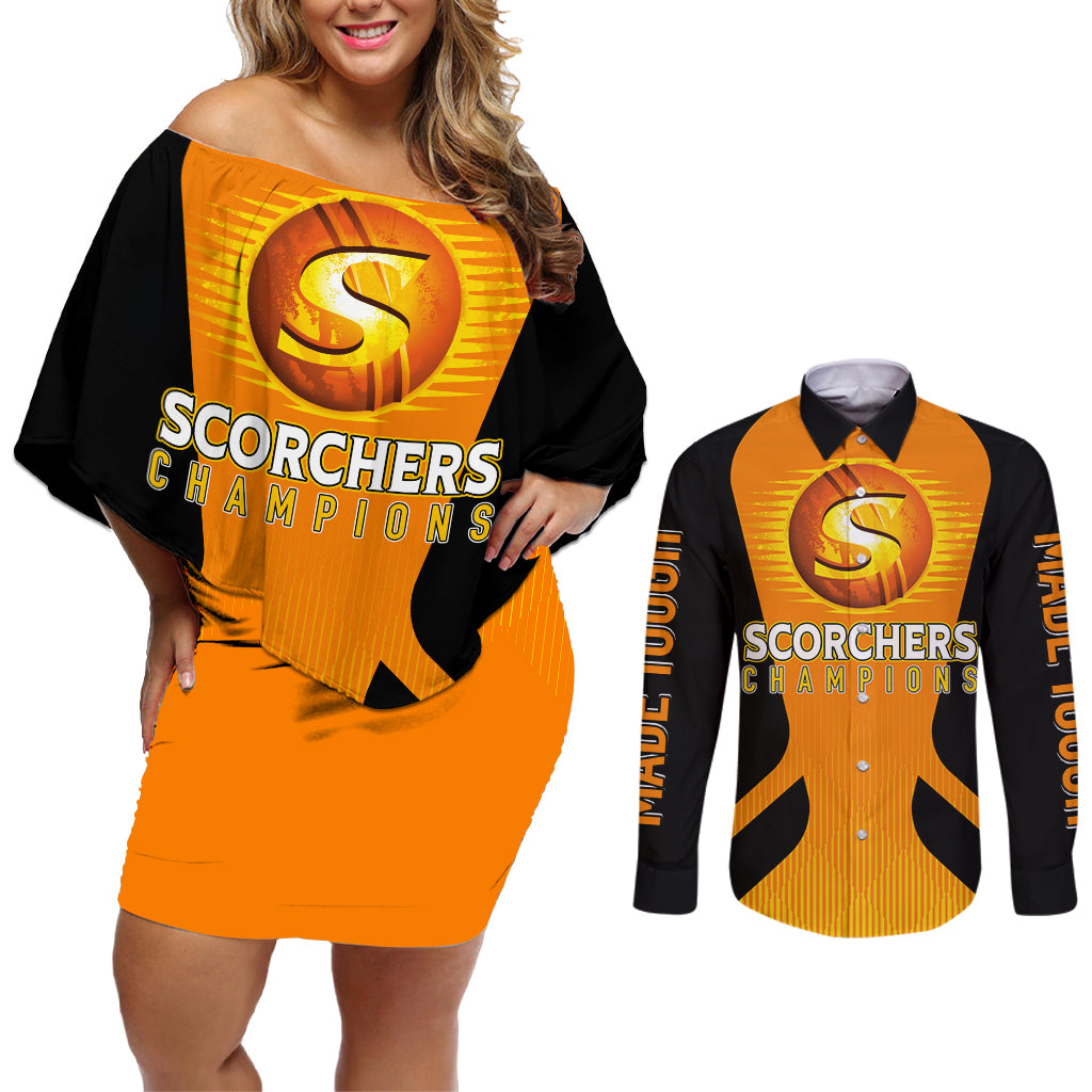 custom-scorchers-cricket-champions-2023-couples-matching-off-shoulder-short-dress-and-long-sleeve-button-shirt-made-tough