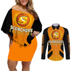 custom-scorchers-cricket-champions-2023-couples-matching-off-shoulder-short-dress-and-long-sleeve-button-shirt-made-tough