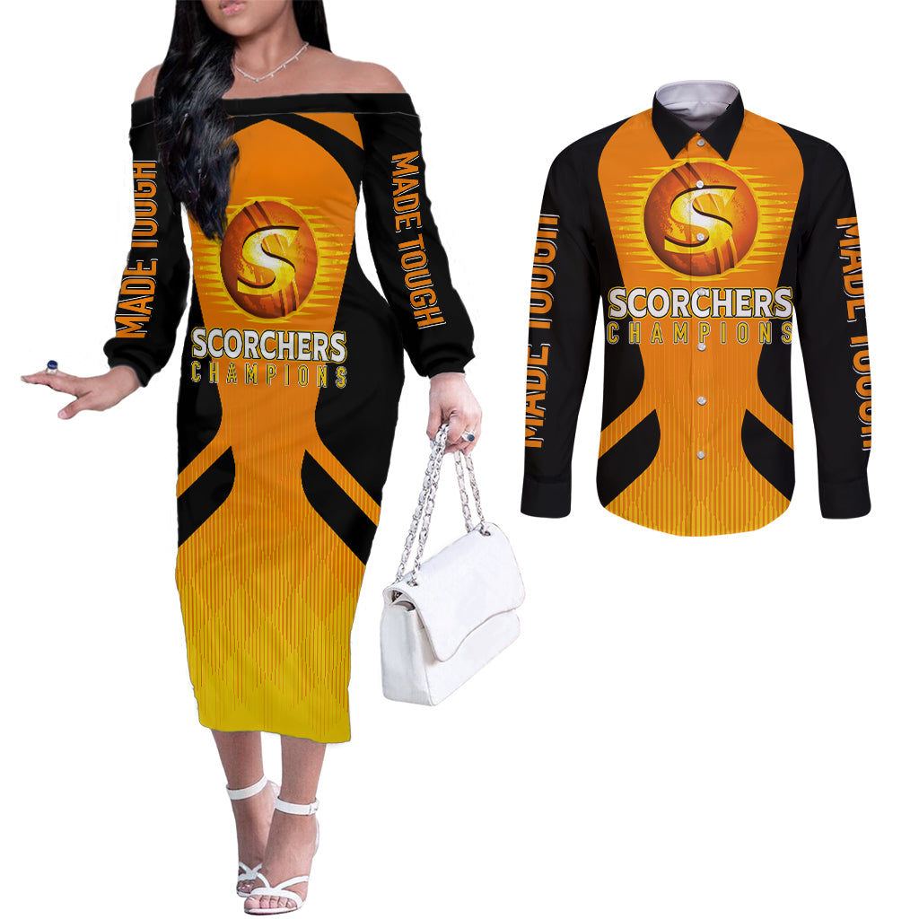 custom-scorchers-cricket-champions-2023-couples-matching-off-the-shoulder-long-sleeve-dress-and-long-sleeve-button-shirt-made-tough