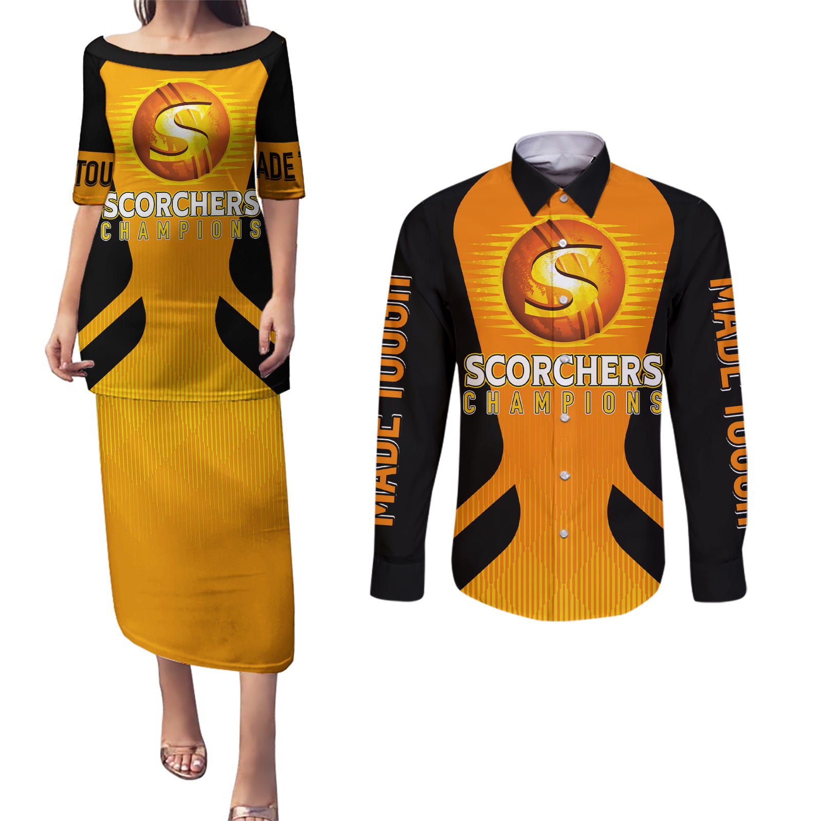 custom-scorchers-cricket-champions-2023-couples-matching-puletasi-dress-and-long-sleeve-button-shirt-made-tough