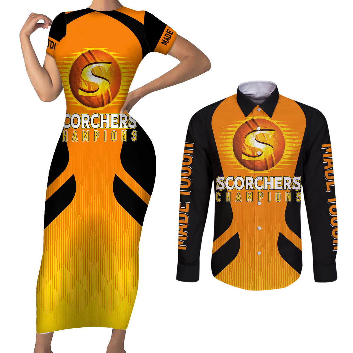 custom-scorchers-cricket-champions-2023-couples-matching-short-sleeve-bodycon-dress-and-long-sleeve-button-shirt-made-tough