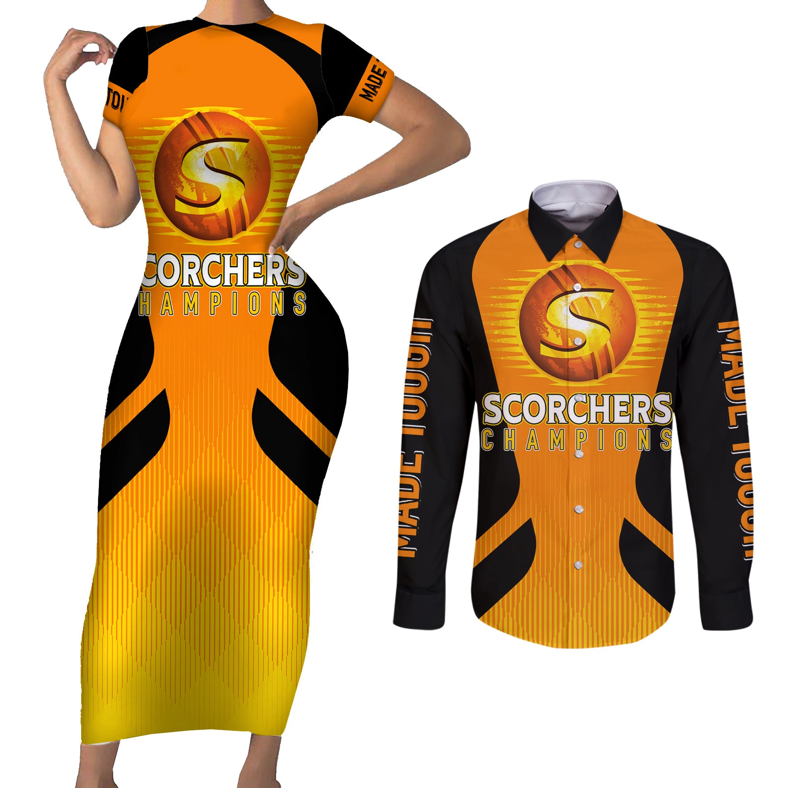 custom-scorchers-cricket-champions-2023-couples-matching-short-sleeve-bodycon-dress-and-long-sleeve-button-shirt-made-tough