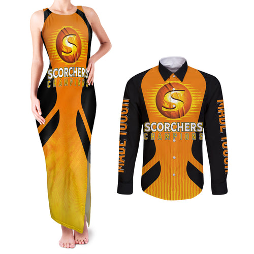 custom-scorchers-cricket-champions-2023-couples-matching-tank-maxi-dress-and-long-sleeve-button-shirt-made-tough