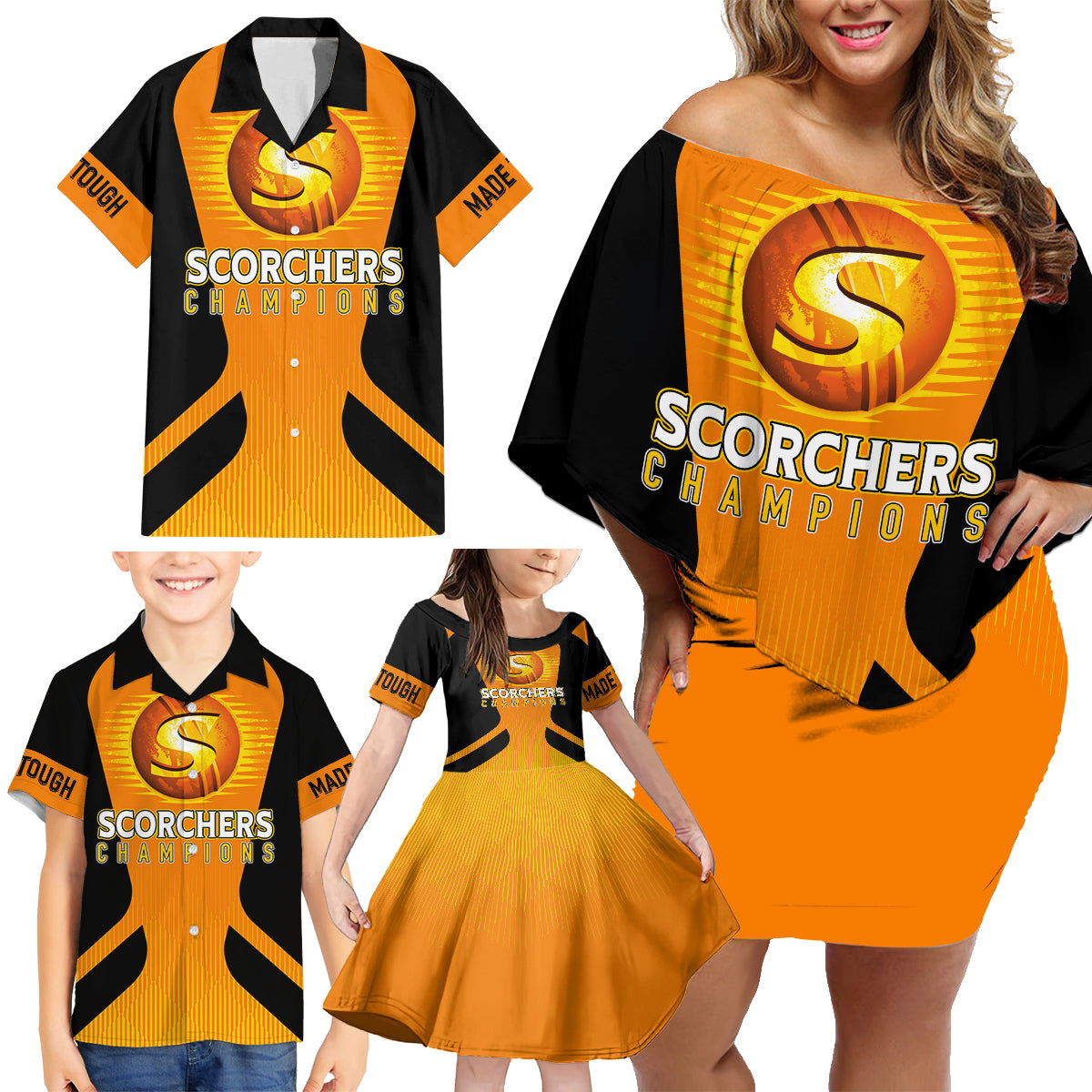 custom-scorchers-cricket-champions-2023-family-matching-off-shoulder-short-dress-and-hawaiian-shirt-made-tough