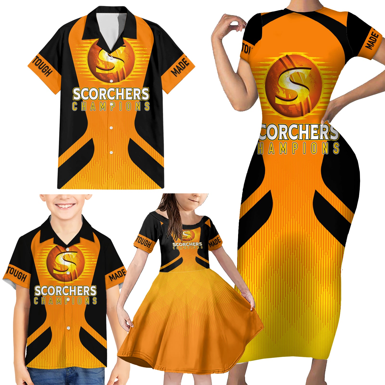 custom-scorchers-cricket-champions-2023-family-matching-short-sleeve-bodycon-dress-and-hawaiian-shirt-made-tough