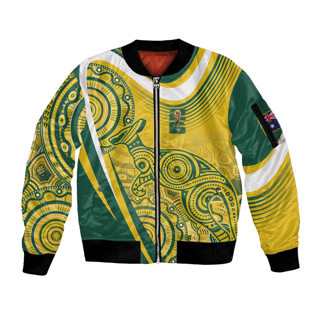 Australia Custom Indigenous Sleeve Zip Bomber Jacket WC2026 Socceroos Aboriginal Arts - Aussie Hoodie