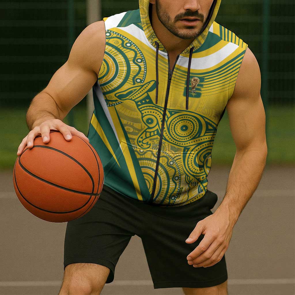 Australia Custom Indigenous Sleeveless Zip Hoodie WC2026 Socceroos Aboriginal Arts - Aussie Hoodie