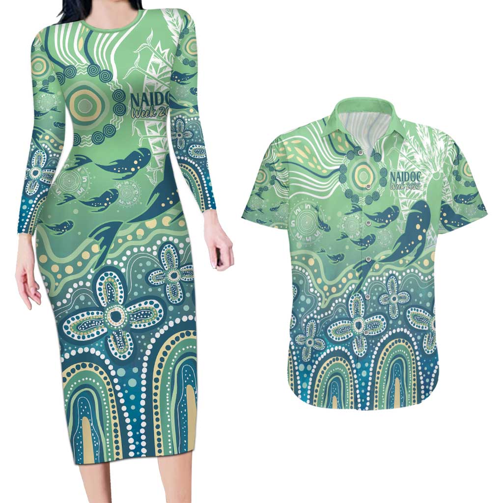 NAIDOC Week 2025 Couples Matching Long Sleeve Bodycon Dress and Hawaiian Shirt Pastel Ocean Aboriginal Art