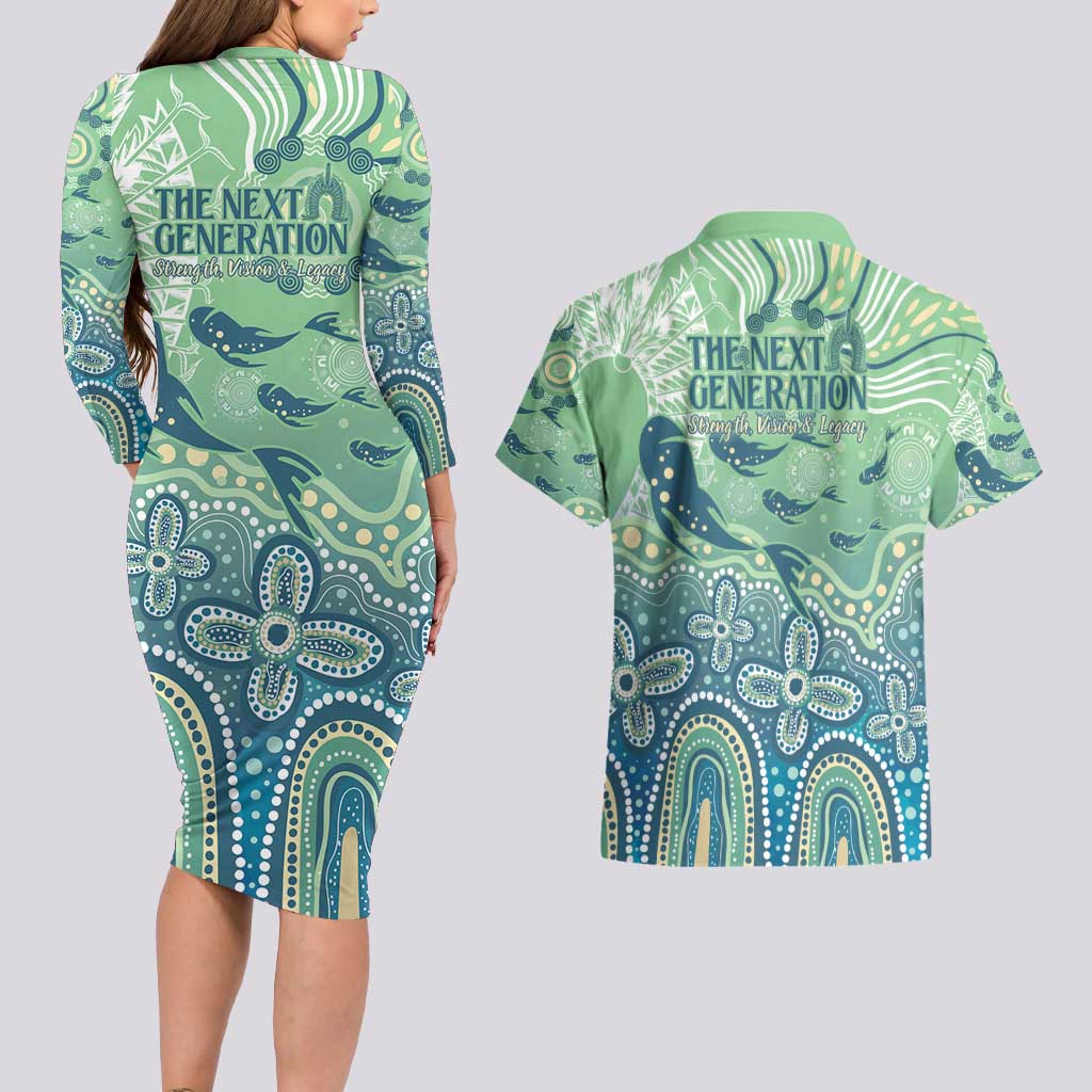 NAIDOC Week 2025 Couples Matching Long Sleeve Bodycon Dress and Hawaiian Shirt Pastel Ocean Aboriginal Art