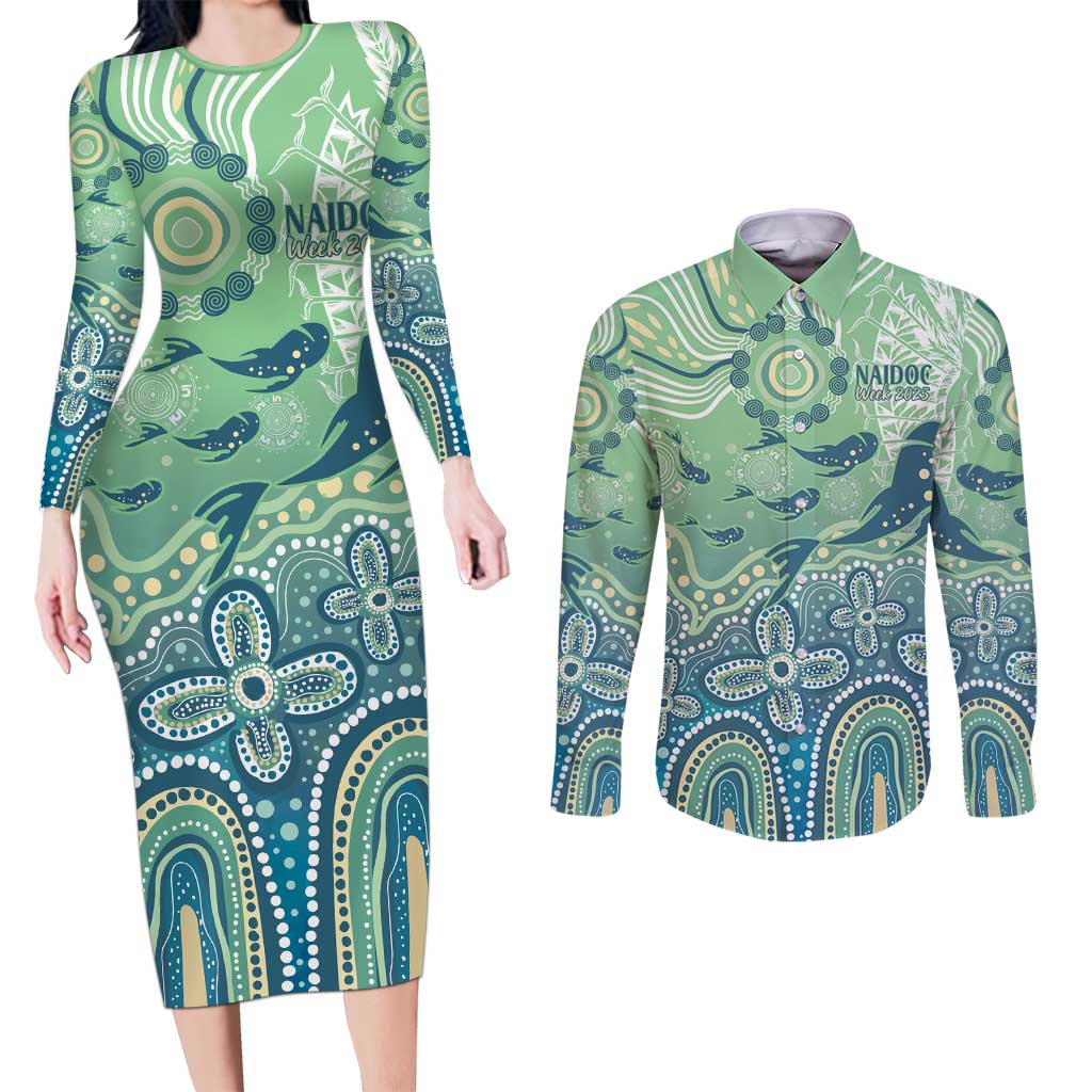NAIDOC Week 2025 Couples Matching Long Sleeve Bodycon Dress and Long Sleeve Button Shirt Pastel Ocean Aboriginal Art