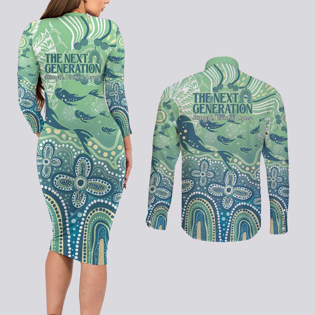 NAIDOC Week 2025 Couples Matching Long Sleeve Bodycon Dress and Long Sleeve Button Shirt Pastel Ocean Aboriginal Art