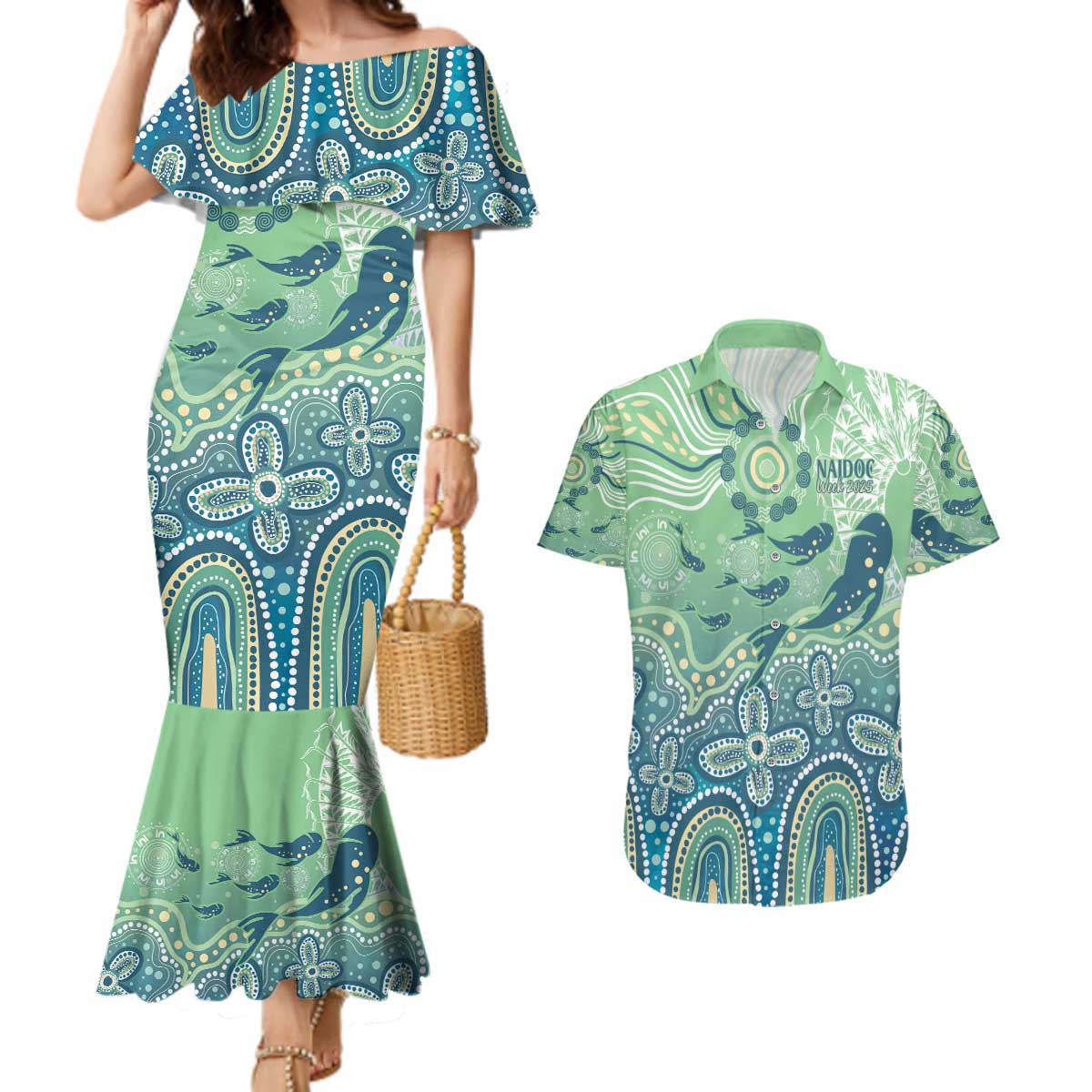 NAIDOC Week 2025 Couples Matching Mermaid Dress and Hawaiian Shirt Pastel Ocean Aboriginal Art