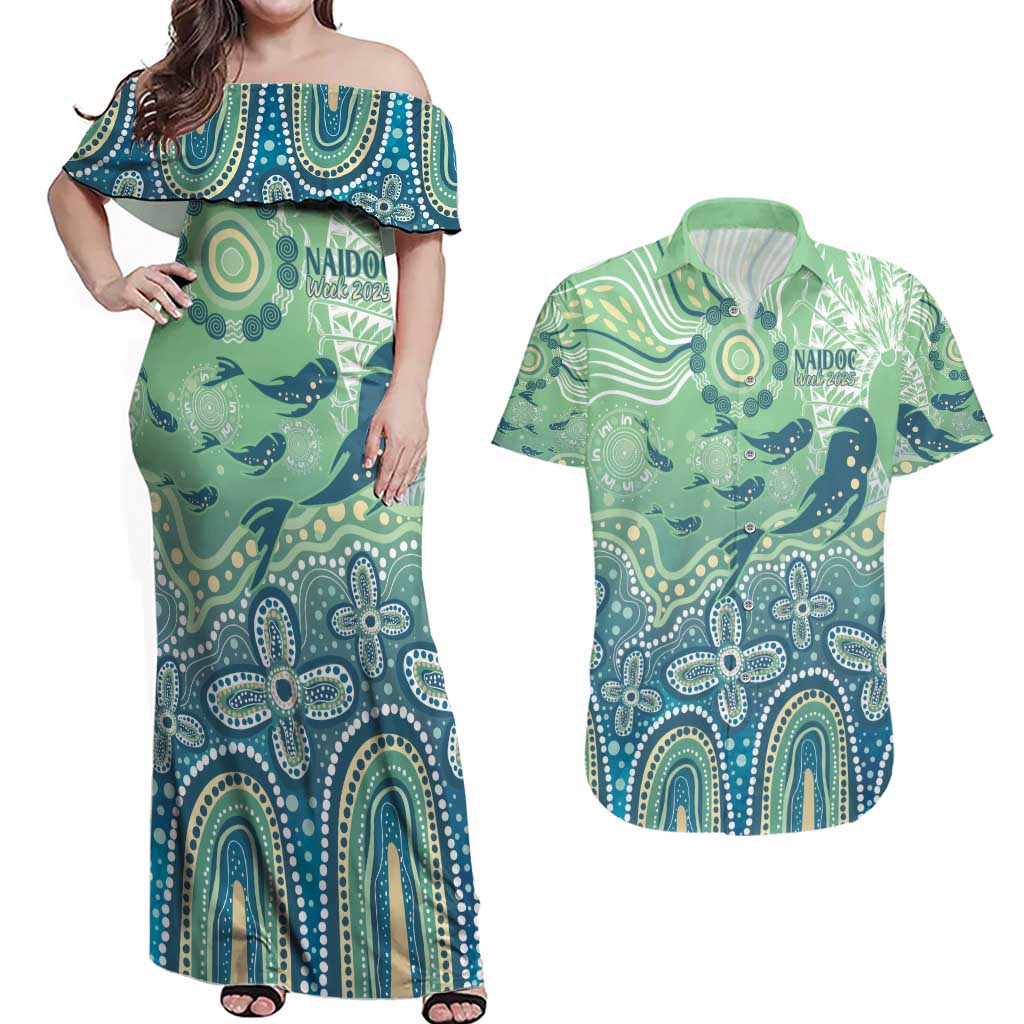 NAIDOC Week 2025 Couples Matching Off Shoulder Maxi Dress and Hawaiian Shirt Pastel Ocean Aboriginal Art