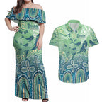 NAIDOC Week 2025 Couples Matching Off Shoulder Maxi Dress and Hawaiian Shirt Pastel Ocean Aboriginal Art