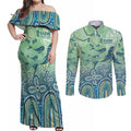 NAIDOC Week 2025 Couples Matching Off Shoulder Maxi Dress and Long Sleeve Button Shirt Pastel Ocean Aboriginal Art