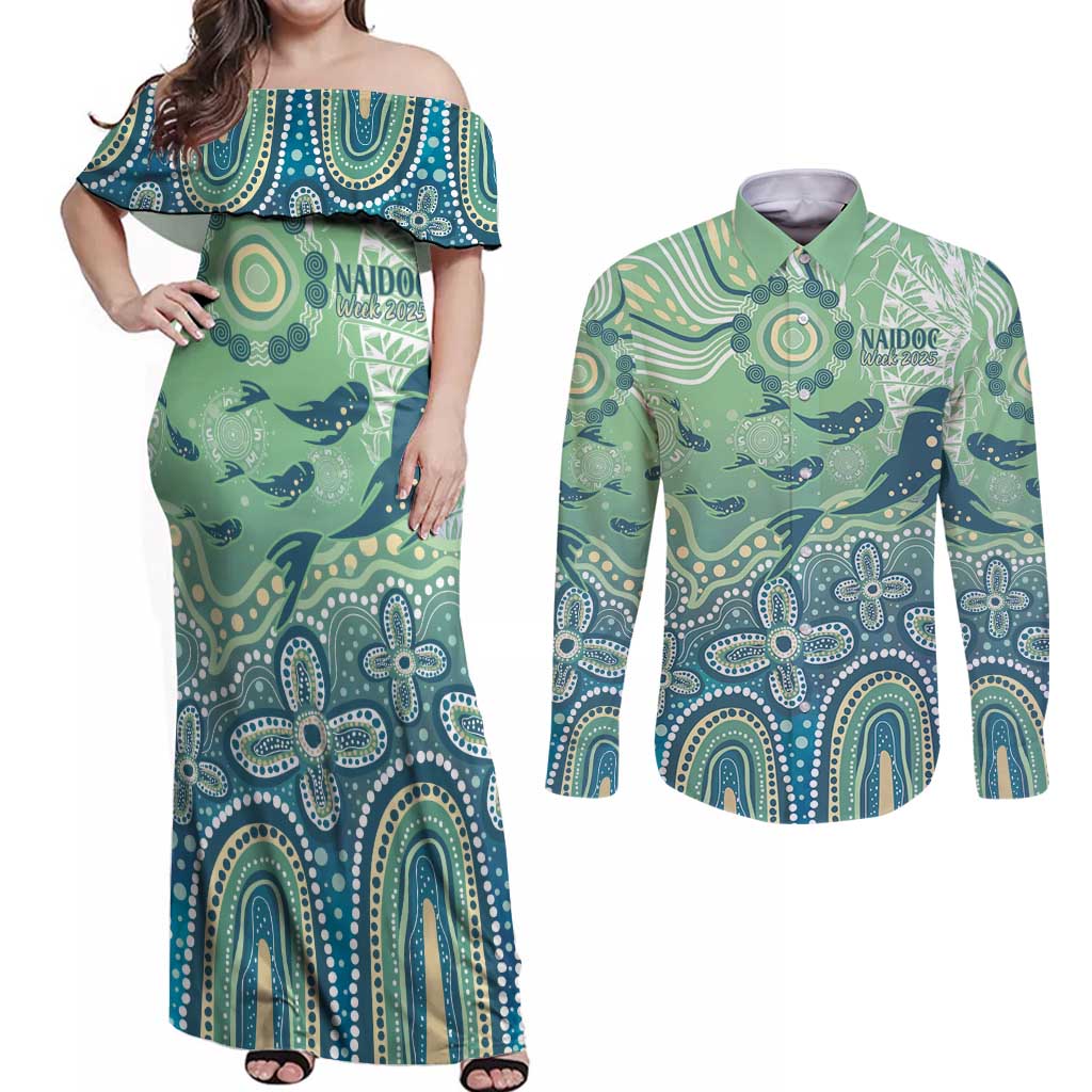 NAIDOC Week 2025 Couples Matching Off Shoulder Maxi Dress and Long Sleeve Button Shirt Pastel Ocean Aboriginal Art