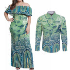 NAIDOC Week 2025 Couples Matching Off Shoulder Maxi Dress and Long Sleeve Button Shirt Pastel Ocean Aboriginal Art