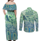 NAIDOC Week 2025 Couples Matching Off Shoulder Maxi Dress and Long Sleeve Button Shirt Pastel Ocean Aboriginal Art