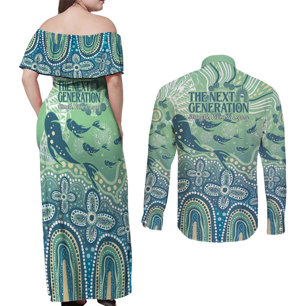 NAIDOC Week 2025 Couples Matching Off Shoulder Maxi Dress and Long Sleeve Button Shirt Pastel Ocean Aboriginal Art