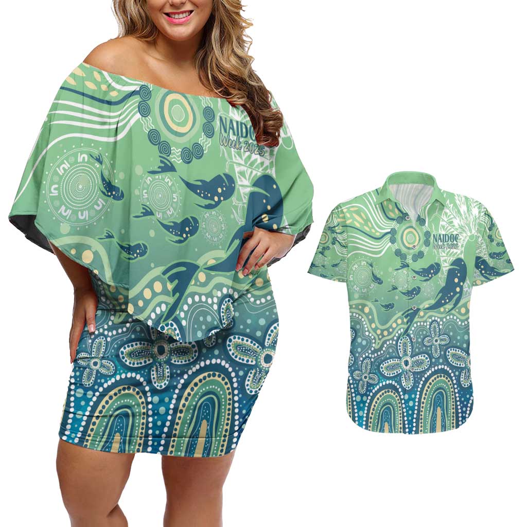 NAIDOC Week 2025 Couples Matching Off Shoulder Short Dress and Hawaiian Shirt Pastel Ocean Aboriginal Art
