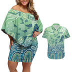 NAIDOC Week 2025 Couples Matching Off Shoulder Short Dress and Hawaiian Shirt Pastel Ocean Aboriginal Art