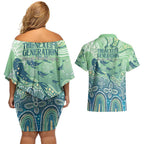 NAIDOC Week 2025 Couples Matching Off Shoulder Short Dress and Hawaiian Shirt Pastel Ocean Aboriginal Art