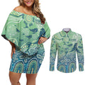 NAIDOC Week 2025 Couples Matching Off Shoulder Short Dress and Long Sleeve Button Shirt Pastel Ocean Aboriginal Art