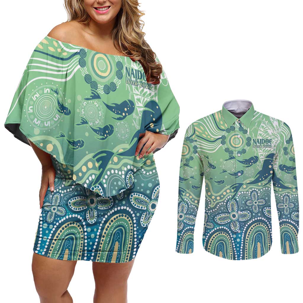 NAIDOC Week 2025 Couples Matching Off Shoulder Short Dress and Long Sleeve Button Shirt Pastel Ocean Aboriginal Art