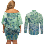 NAIDOC Week 2025 Couples Matching Off Shoulder Short Dress and Long Sleeve Button Shirt Pastel Ocean Aboriginal Art