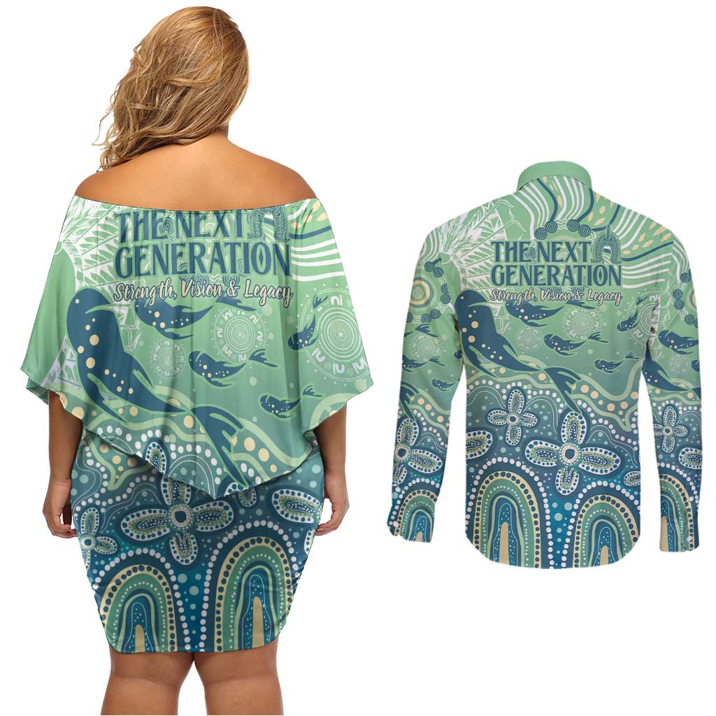 NAIDOC Week 2025 Couples Matching Off Shoulder Short Dress and Long Sleeve Button Shirt Pastel Ocean Aboriginal Art