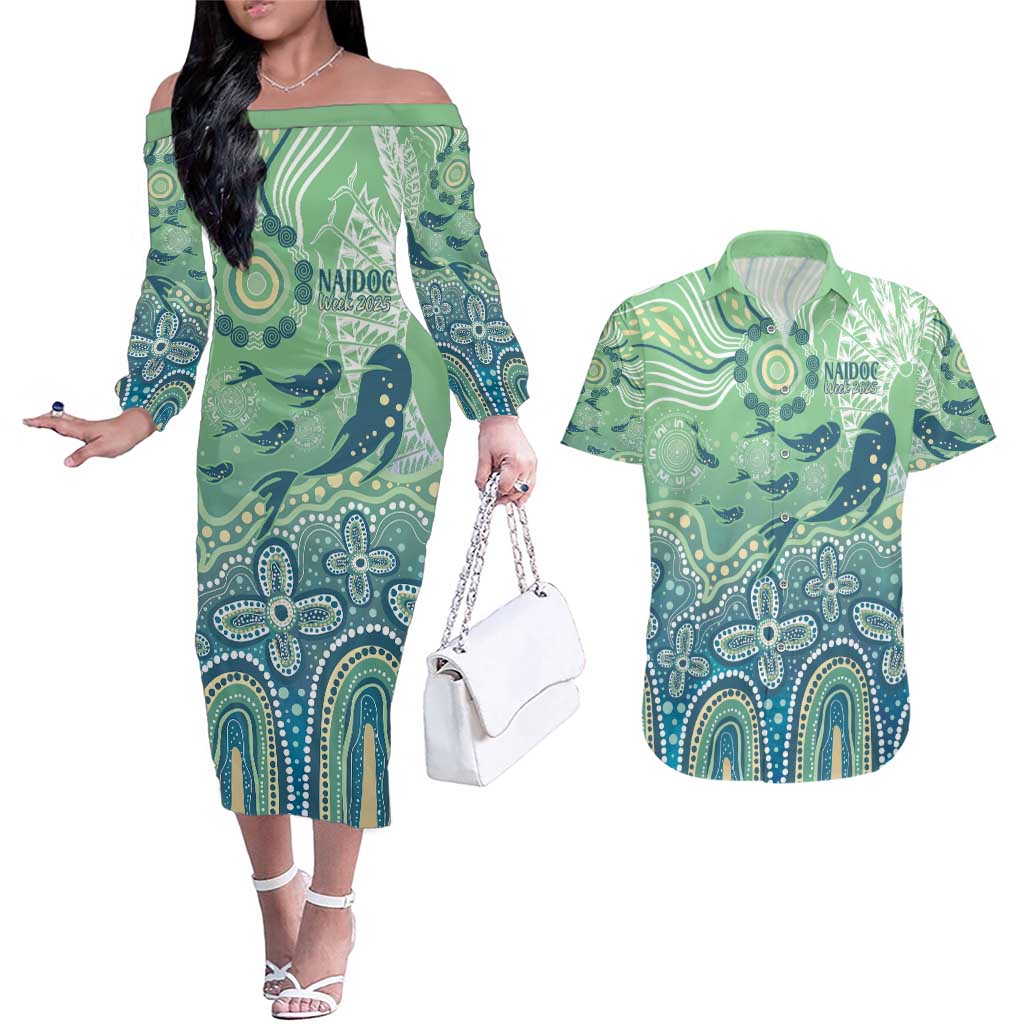 NAIDOC Week 2025 Couples Matching Off The Shoulder Long Sleeve Dress and Hawaiian Shirt Pastel Ocean Aboriginal Art
