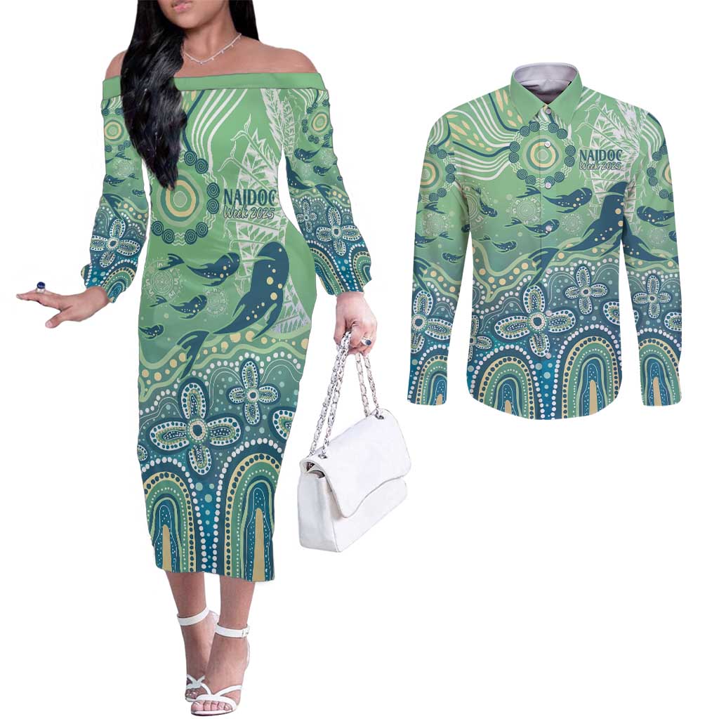 NAIDOC Week 2025 Couples Matching Off The Shoulder Long Sleeve Dress and Long Sleeve Button Shirt Pastel Ocean Aboriginal Art
