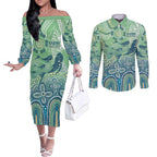 NAIDOC Week 2025 Couples Matching Off The Shoulder Long Sleeve Dress and Long Sleeve Button Shirt Pastel Ocean Aboriginal Art