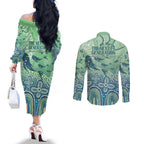 NAIDOC Week 2025 Couples Matching Off The Shoulder Long Sleeve Dress and Long Sleeve Button Shirt Pastel Ocean Aboriginal Art