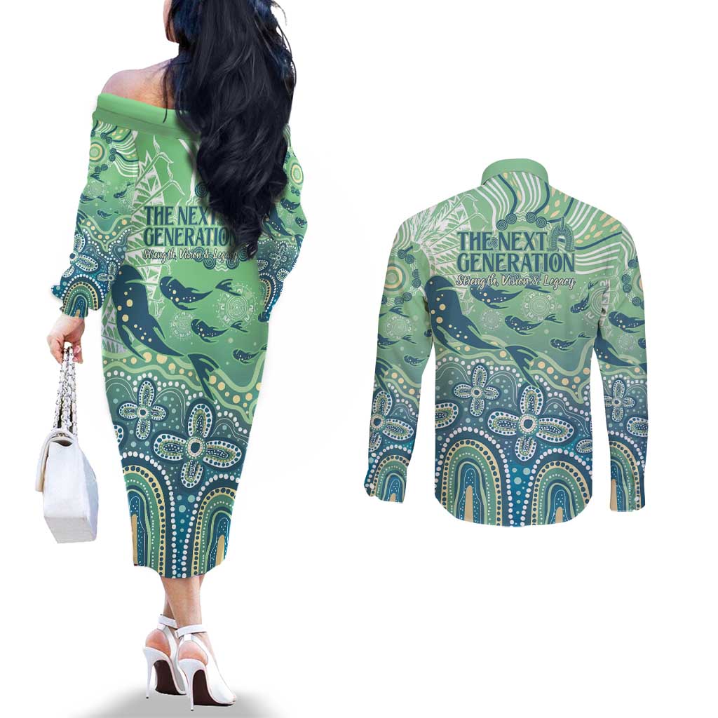 NAIDOC Week 2025 Couples Matching Off The Shoulder Long Sleeve Dress and Long Sleeve Button Shirt Pastel Ocean Aboriginal Art