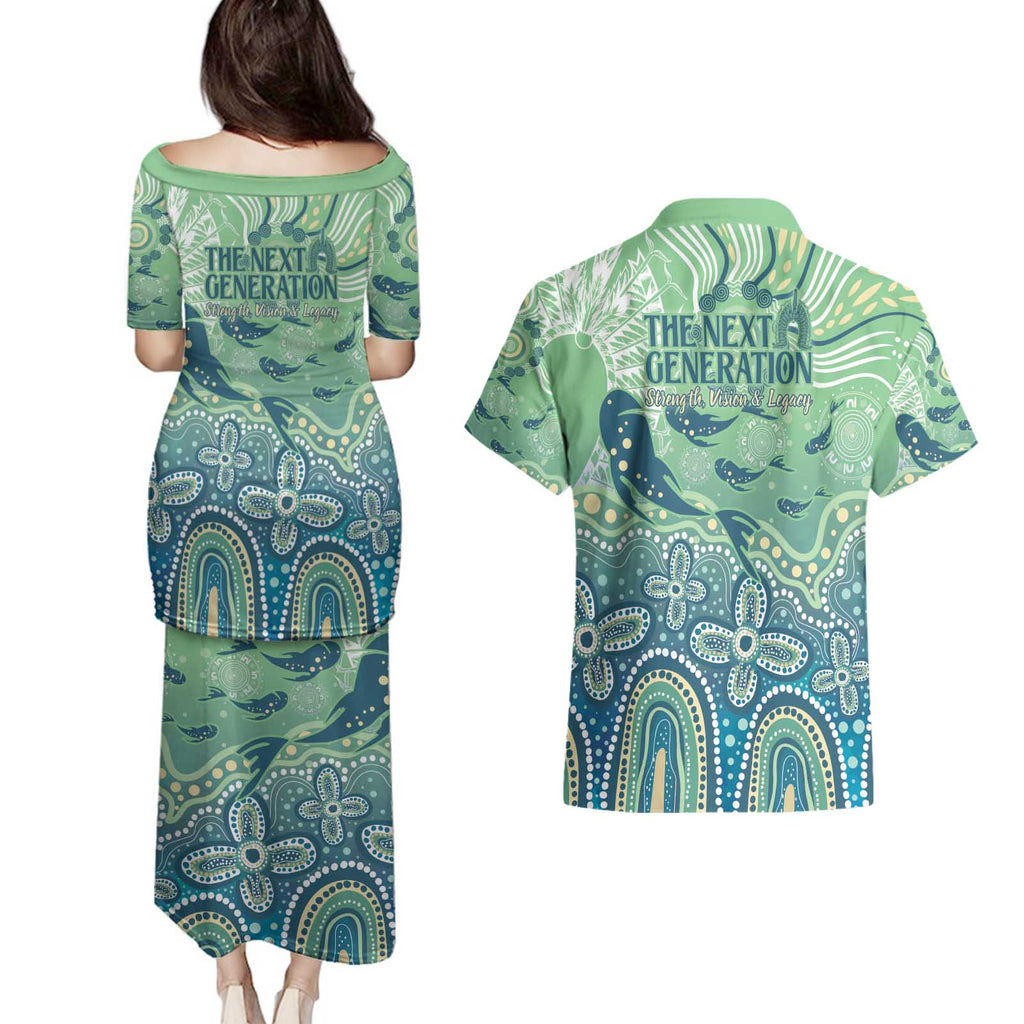 NAIDOC Week 2025 Couples Matching Puletasi and Hawaiian Shirt Pastel Ocean Aboriginal Art