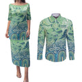 NAIDOC Week 2025 Couples Matching Puletasi and Long Sleeve Button Shirt Pastel Ocean Aboriginal Art