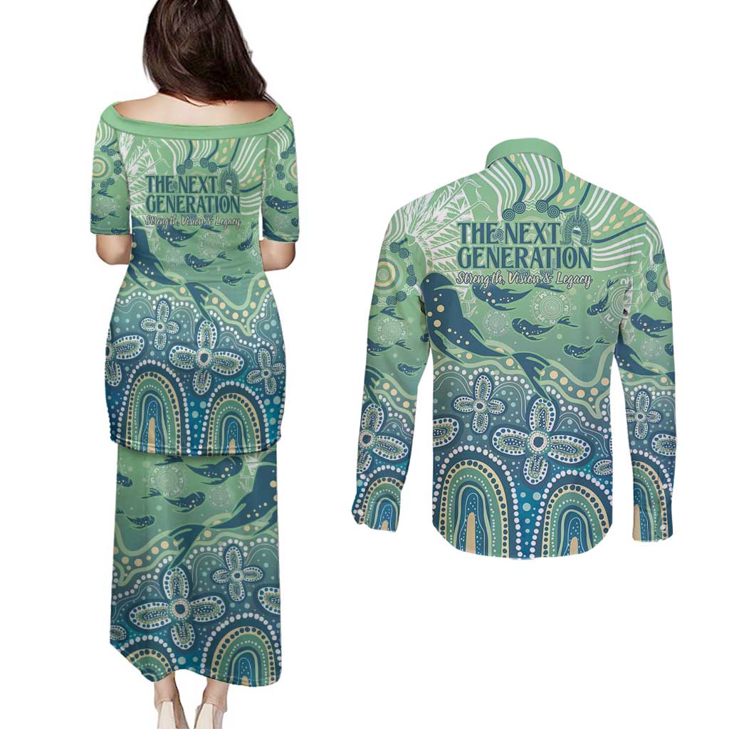 NAIDOC Week 2025 Couples Matching Puletasi and Long Sleeve Button Shirt Pastel Ocean Aboriginal Art