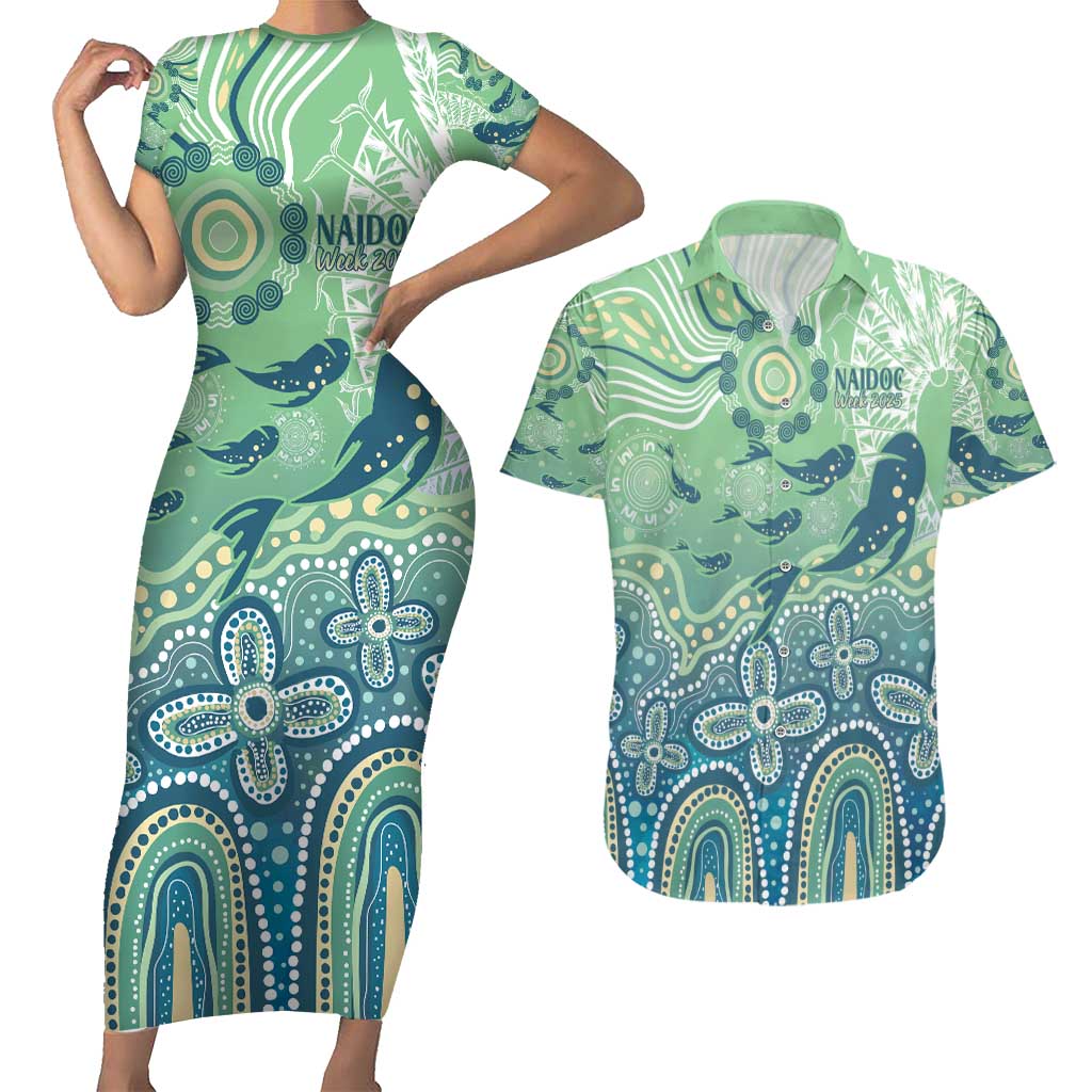 NAIDOC Week 2025 Couples Matching Short Sleeve Bodycon Dress and Hawaiian Shirt Pastel Ocean Aboriginal Art