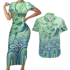 NAIDOC Week 2025 Couples Matching Short Sleeve Bodycon Dress and Hawaiian Shirt Pastel Ocean Aboriginal Art