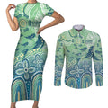 NAIDOC Week 2025 Couples Matching Short Sleeve Bodycon Dress and Long Sleeve Button Shirt Pastel Ocean Aboriginal Art