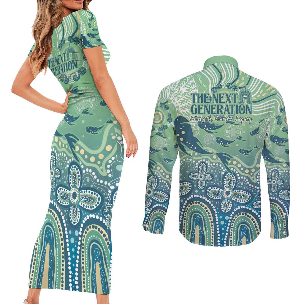 NAIDOC Week 2025 Couples Matching Short Sleeve Bodycon Dress and Long Sleeve Button Shirt Pastel Ocean Aboriginal Art
