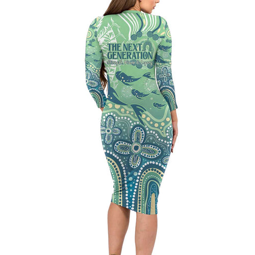 NAIDOC Week 2025 Long Sleeve Bodycon Dress Pastel Ocean Aboriginal Art