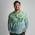 NAIDOC Week 2025 Long Sleeve Polo Shirt Pastel Ocean Aboriginal Art