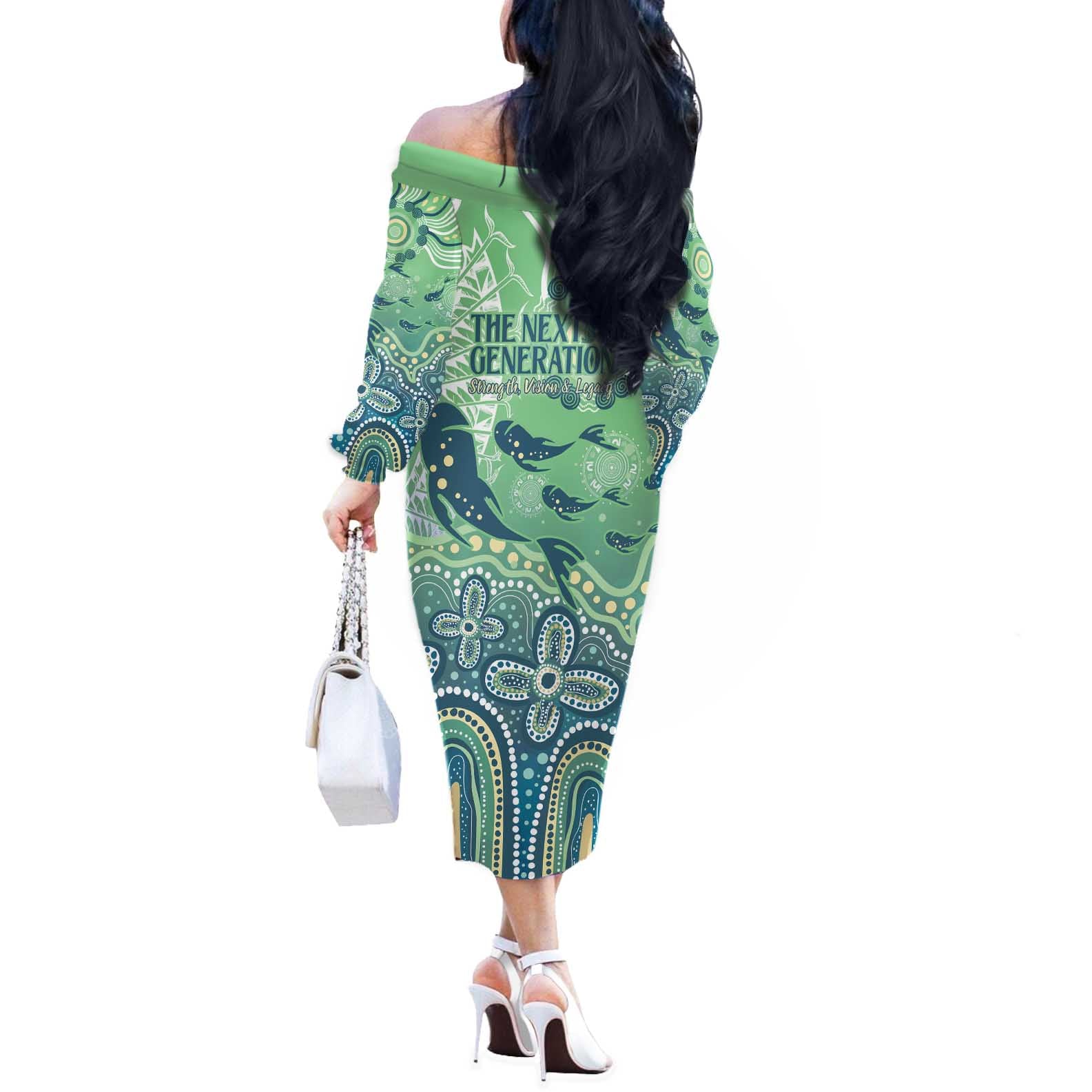 NAIDOC Week 2025 Off The Shoulder Long Sleeve Dress Pastel Ocean Aboriginal Art