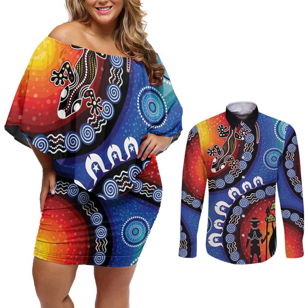 Honoring 50 Years NAIDOC Week 2025 Couples Matching Off Shoulder Short Dress and Long Sleeve Button Shirt